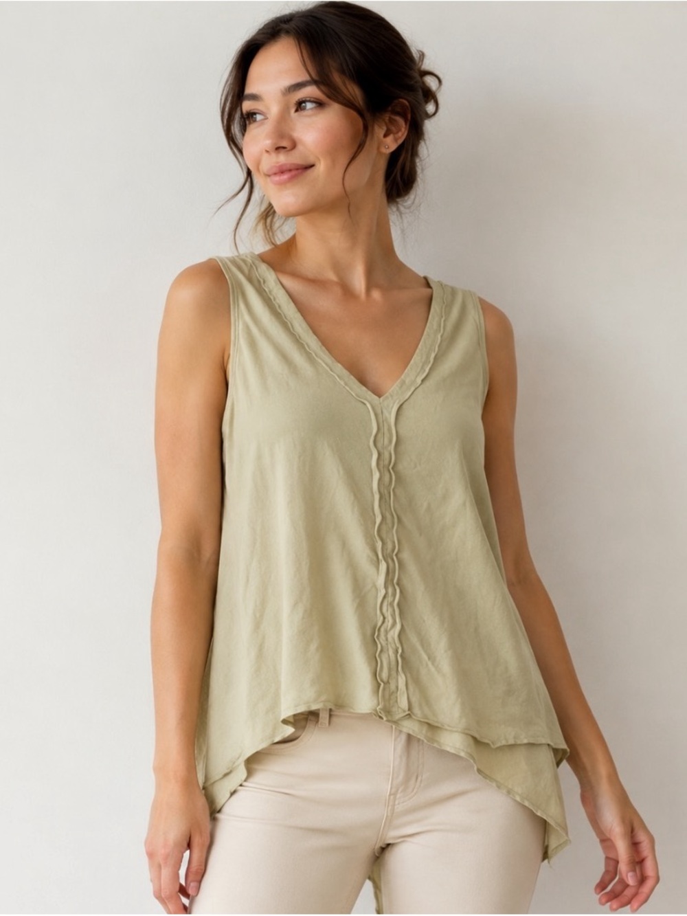 Wearables Sage Green 100% Cotton Sleeveless Tunic Top Asymmetrical Hem